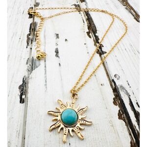 Gold Tone & Turquoise Beaded Starburst Pendant Necklace